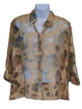 Floral Sheer Button-Up Shirt Beige & Blue boho flower power fairycore boho chic